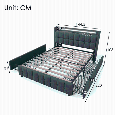 Rootz Modern Double Bed - LED Light Bed - USB Charging Bed - Functional Design - 144.5cm x 220cm x 103.5cm