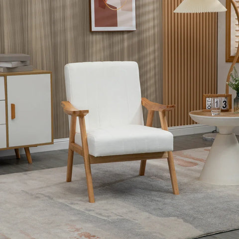 Rootz Upholstered Armchair - In Scandi Design - Velvet Look - Solid Wood Frame - Rubber Wood - Natural + Cream - 68 x 74 x 82cm