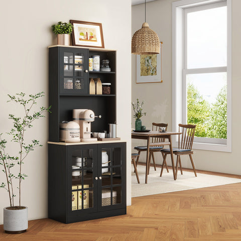 Rootz Kitchen Buffet - Kitchen Showcase - Display Case - Large Storage Space - Black & Brown- 80cm x 37cm x 183cm - Contemporary Design
