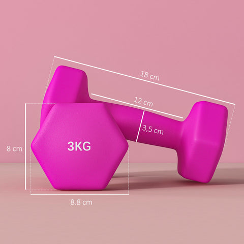 Rootz 2 x 3kg Dumbbell Set - Hand Weights - Exercise Weights - Floor-Friendly - 18x8x8cm - Hexagonal Design - Non-Slip Handles - Pink