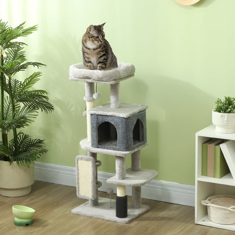 Rootz Scratching Post Cat Tower - Activity Center - Plush Bed - Protect Furniture - 44b x 34t x 104h cm - Grey