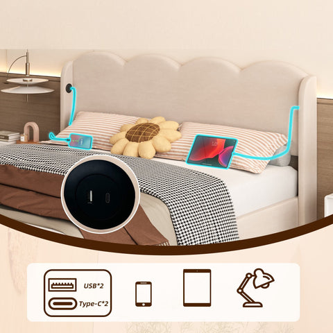 Rootz Double Bed with Wavy Headboard - Upholstered Bed - Velvet Bed - LED Lights & Storage - 205L x 168B x 96H cm - Brown