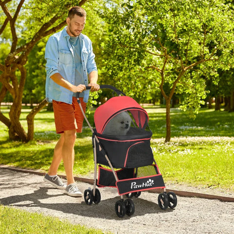Rootz 2-in-1 Dog Buggy - Pet Stroller - Foldable Dog Trolley - 1 Basket - 1 Bag - Universal Wheel Brake - Red - 82cm x 49.5cm x 98cm