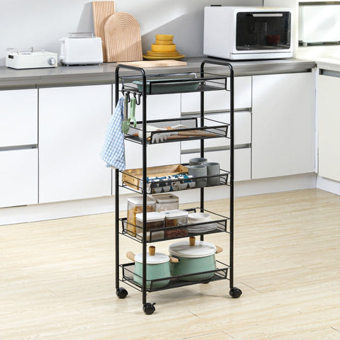 Rootz Service Trolley - Kitchen Cart - Rolling Utility Cart - 5-Tier Storage Rack - Space-saving - Steel & Plastic - 45cm x 26.5cm x 106cm