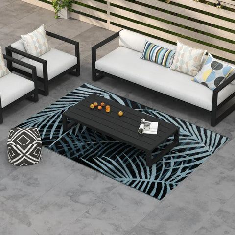 Rootz Outdoor Reversible Carpet - Waterproof - Leaf Pattern - Non-woven Fabric - Blue + Black + Cream - 182cm x 274cm x 0.3cm