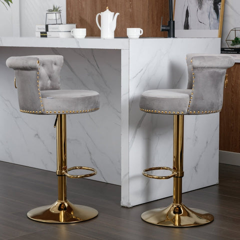 Rootz 2 Swivel Bar Stools Set - High-Back Chairs - Height Adjustable - Ergonomic Design - 54cm x 53cm x 82-101cm - Velvet & Gold Finish
