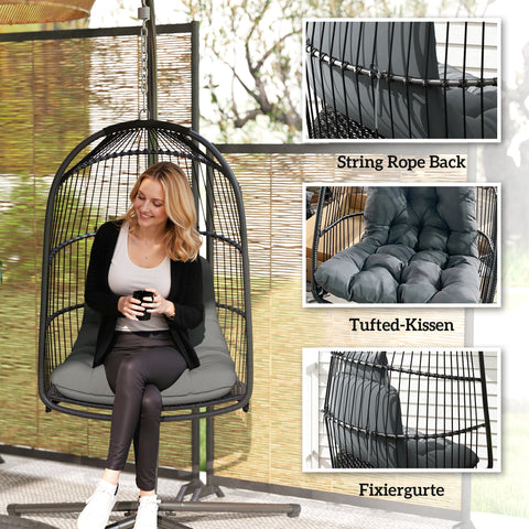 Rootz Hanging Chair Hanging Basket - Swing Chair - Egg Chair - Ergonomic Comfort - 74L x 68W x 105H cm - Grey and Black