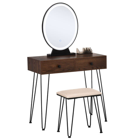 Rootz Modern Dressing Table Set - Vanity Desk - Makeup Station - LED Mirror - Adjustable Lighting - 80x40x136cm -Brown
