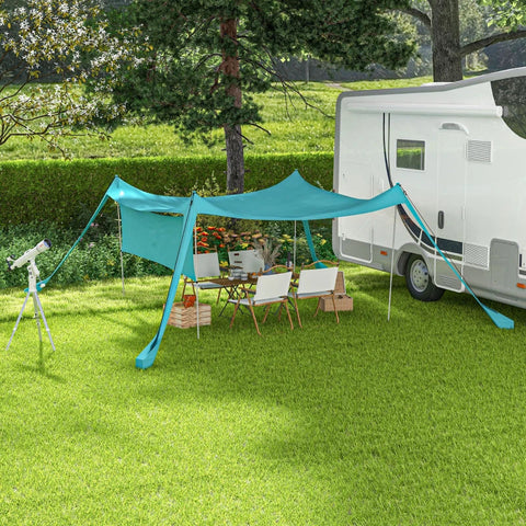Rootz Awnings - Waterproof - Adjustable Lightweight - Foldable Awning - Steel Supports - Side Panel - Ground Spikes - Carry Bag - Polyester - Sky Blue - 300L x 300W x 200H cm