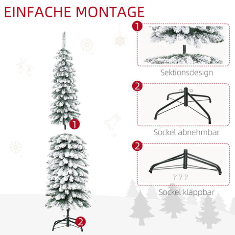 Rootz Artificial Snowy Christmas Tree - Slim Xmas Tree - Fireproof Pine - Realistic Look, Space-Saving, 180cm, Green/White, 46x46x180cm
