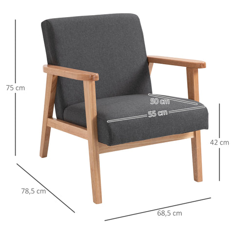 Rootz Lounge Chair - Relaxation Chair - Single Chair - High Comfort - Hevea Wood Frame - Dark Linen Fabric - 68.5cm x 78.5cm x 75cm