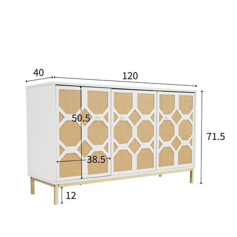 Rootz 3 Door Sideboard Cabinet - Storage Unit - Rattan Buffet - Adjustable Shelves - Stylish Gold Feet - 120L x 40W x 71.5H cm
