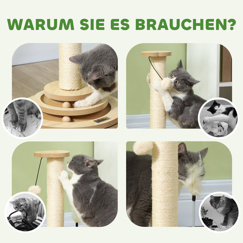Rootz Cat Scratching Post - Sisal Scratch Tower - Play Ball Track - Entertaining 4-in-1 Design - 32cm x 32cm x 49cm