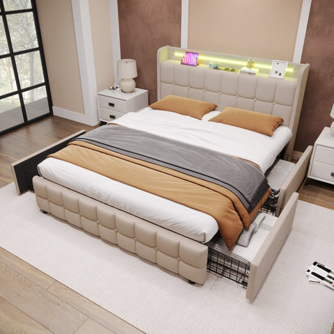 Rootz Padded Double Bed - Upholstered Bed - Linen Bed - USB Charging & LED Lighting - Beige - 144.5cm x 220cm x 103.5cm