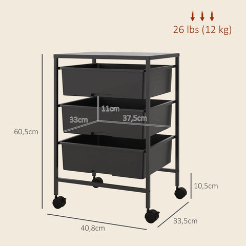 Rootz Storage Trolley - Mobile Organizer - Utility Cart - Steel Frame - Easy to Clean - 40.8L x 33.5W x 60.5H cm