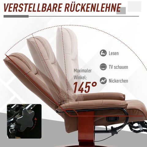 Rootz Recliner Chair - Swivel TV Chair - Faux Leather - 145° Tilting Backrest - 360° Rotating Base - Brown - 78cm x 87cm x 100cm