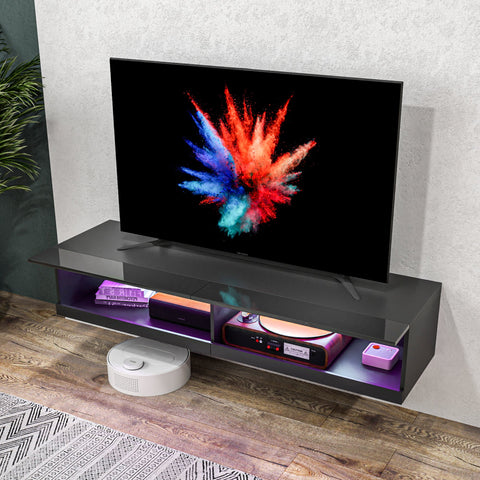 Rootz Wall-Mounted TV Bench - TV Stand - Media Unit - LED Lighting - Modern Design - 150cm x 40cm x 30cm