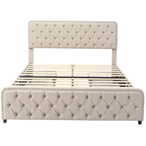 Rootz Upholstered Bed - Adjustable Headboard - Storage Bed Frame - Linen Fabric - 211.5cm x 180cm x 96.5-108.5cm