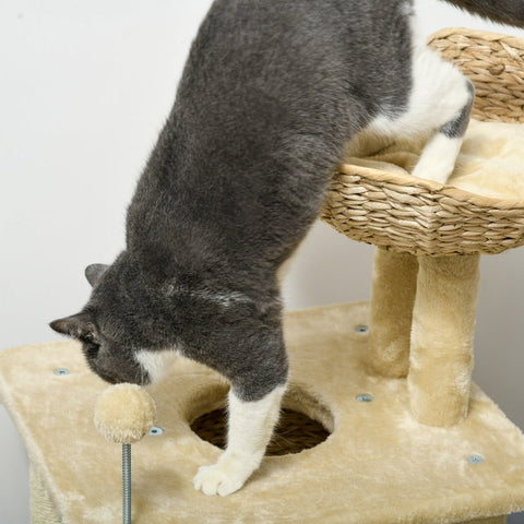 Rootz Cozy Chic Cat Tree - Elegant Feline Tower - Braided Reed Coaching - Plush Coverings - Scratching Posts - Sisal - 45cm x 40cm x 74cm