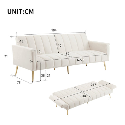 Rootz 3-in-1 Folding Sofa - Convertible Couch - Versatile Sofa Bed - Velvet Fabric - 184cm x 79cm x 71cm