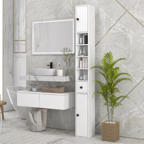 Rootz Tall Cabinet - Storage Cabinet - Bathroom Organizer - Adjustable Shelves, 1 Drawer, 2 Cupboards - 20 x 20 x 180 cm White