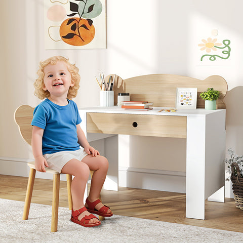 Rootz Children's Desk Set - Kids Study Table - Bear Design - Enhance Creativity - Brown & White - Desk: 80x74.5cm, Chair: 38x59cm