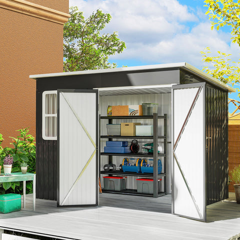 Rootz Metal Garden Shed - Outdoor Storage House - Tool Shed - Weather-Resistant, Secure Lock, 260x177x190cm, Grey and White, Window, Air Vents