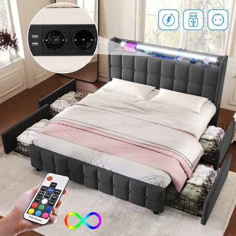 Rootz Modern Double Bed - LED Light Bed - USB Charging Bed - Functional Design - 144.5cm x 220cm x 103.5cm