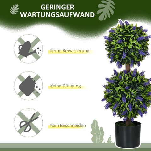 Rootz Set of 2 Artificial Lavender Trees - Indoor Outdoor Decor - Plastic Flowers - Cement Pots - No Maintenance - Ø15cm x 70cm