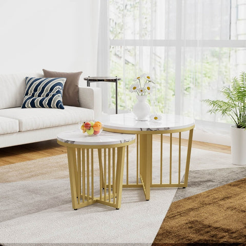 Rootz Nesting Coffee Table Set - High Gloss Tables - Marble Look - Luxurious Design - 70x70x50cm & 50x50x45cm - Gold-Plated Durability
