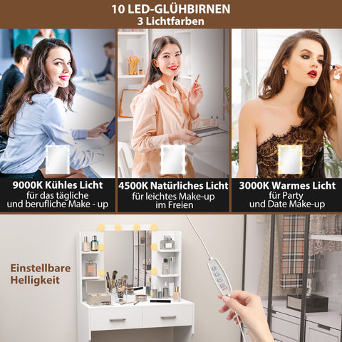 Rootz Dressing Table with Mirror - Makeup Vanity - LED Makeup Table - Brightness Control - 80cm x 40cm x 132cm - White