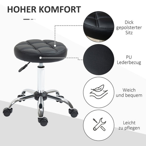 Rootz Salon Stool - Rolling Stool - Adjustable Height Stool - Faux Leather - Swivel Stool - 35.5cm x 51-67cm - Black+Silver