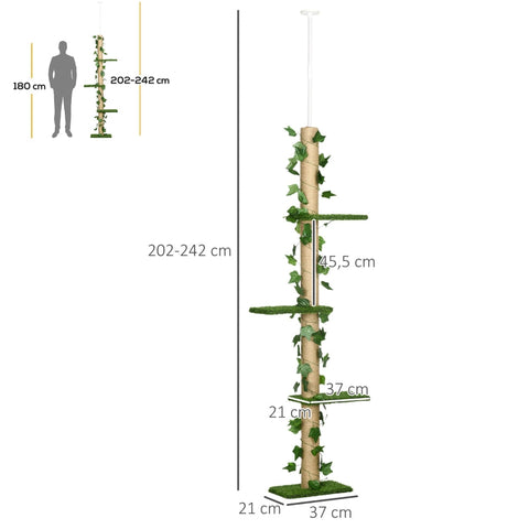Rootz Floor-to-Ceiling Cat Tree - Height Adjustable Scratching Post - Artificial Leaves - Chipboard - 37cm x 21cm x 202-242cm