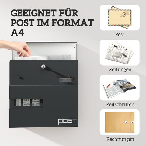Rootz Grey Wall Mounted Mailbox - Outdoor Postbox - Lockable Mail Holder - Weather Resistant - 37cm x 10.5cm x 37cm