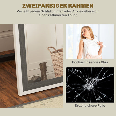 Rootz Full Body Mirror - Floor Mirror - Standing Mirror - Splinter-Free Safety - 162.6 x 53.3 cm - Grey MDF Frame