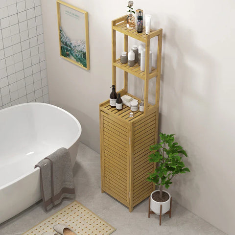 Rootz Bathroom Shelf - Toilet Shelf - 3 Shelves - 1 Cabinet - Water Resistant - Bamboo - Natural - 38.5 cm x 33 cm x 170 cm