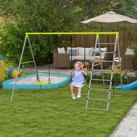 Rootz Children's Swing Set - with Climbing Net - Rung Ladder for Children - Steel Frame - Green - 260cm x 185cm x 180cm