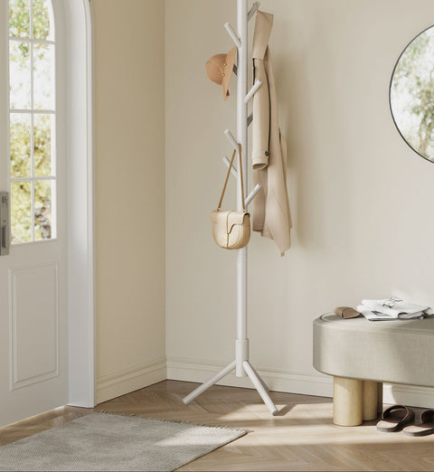 Rootz Solid Wood Coat Rack - White, Sturdy Hanger Stand - Durable & Stylish - 47 x 47 x 175 cm