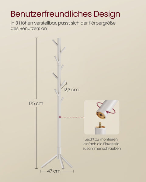 Rootz Solid Wood Coat Rack - White, Sturdy Hanger Stand - Durable & Stylish - 47 x 47 x 175 cm