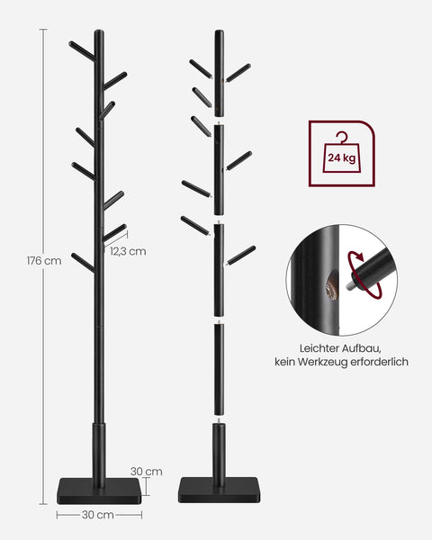 Rootz Coat Rack - Garment Stand - Entryway Organizer - Rubberwood & MDF - Sturdy Construction - Easy Assembly - 30cm x 30cm x 175cm - Ink Black