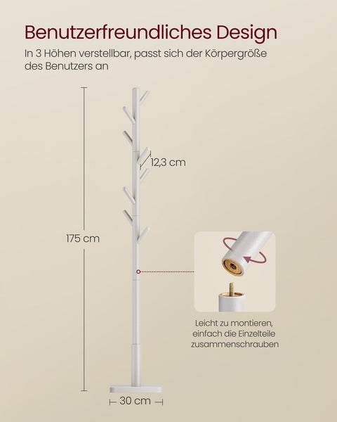 Rootz Rubber Wood Coat Stand - Cappuccino Dye - Wardrobe Stand - Durable Hanger - 30x30x175 cm
