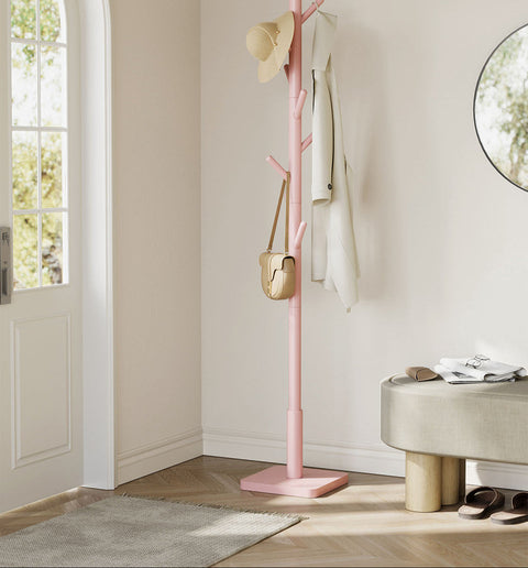 Rootz Solid Wood Clothing Rack - Coat Stand - 8 Hook Organizer - Space-Saving Design - 30x30x175cm - Pastel Pink