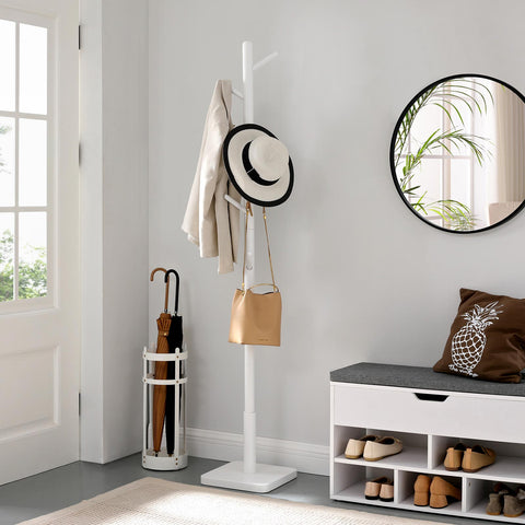 Rootz White Coat Rack - Modern Coat Stand - Entryway Organizer - Rubberwood Hooks - MDF Base - 30cm x 30cm x 175cm