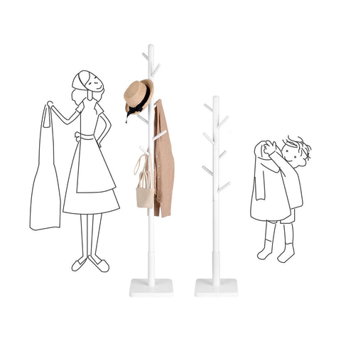 Rootz White Coat Rack - Modern Coat Stand - Entryway Organizer - Rubberwood Hooks - MDF Base - 30cm x 30cm x 175cm