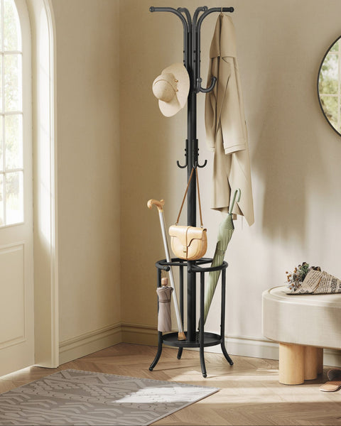 Rootz Coat Rack - Metal Standing Rack - Entryway Organizer - 40cm x 40cm x 175cm - Ink Black - 4kg Load Capacity - Hallway Storage