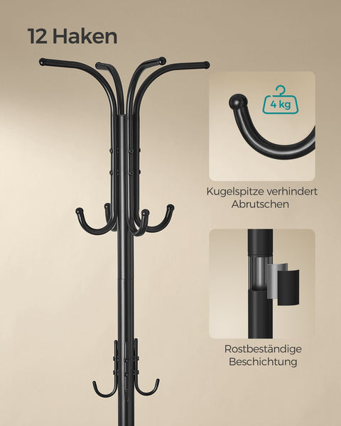Rootz Coat Rack - Metal Standing Rack - Entryway Organizer - 40cm x 40cm x 175cm - Ink Black - 4kg Load Capacity - Hallway Storage