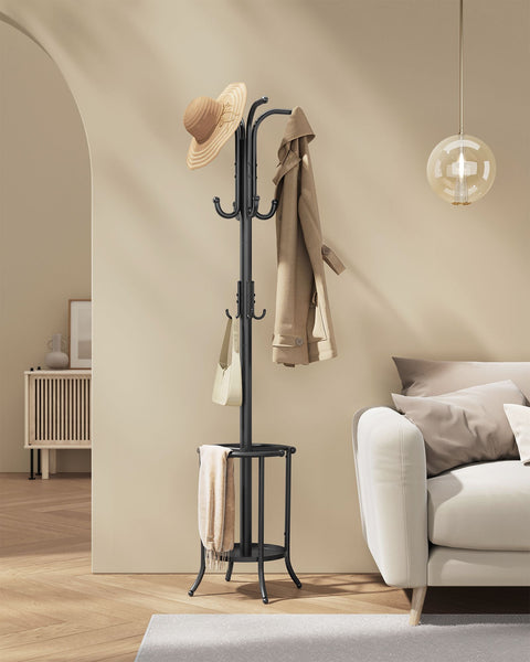 Rootz Coat Rack - Metal Standing Rack - Entryway Organizer - 40cm x 40cm x 175cm - Ink Black - 4kg Load Capacity - Hallway Storage