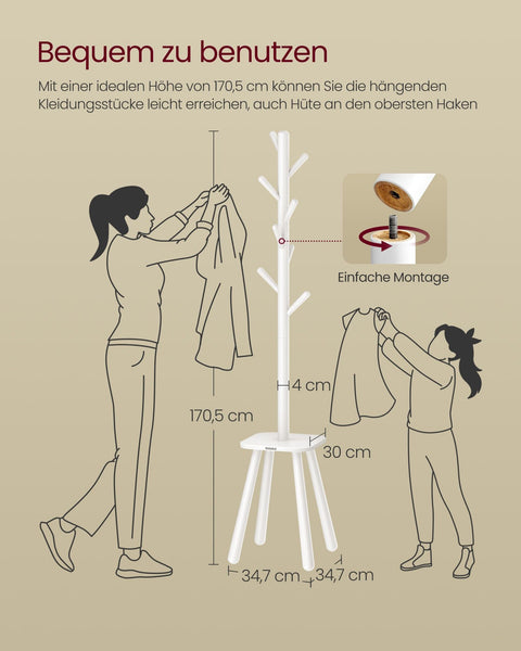 Rootz White Clothes Rack - Wardrobe Organizer - Storage Space - Rubber Wood - 34.7cm x 34.7cm x 170.5cm