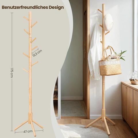Rootz Freestanding Solid Wood Clothes Rack - Cloakroom Stand - Tree-Shape Wardrobe - Stable & Durable - 47x47x175cm