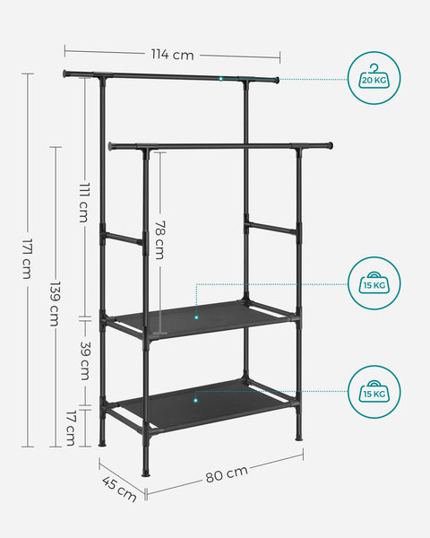 Rootz Black Clothes Rack - Garment Rack - Wardrobe Organizer - Steel Construction - Easy Assembly - 113cm x 45cm x 171cm
